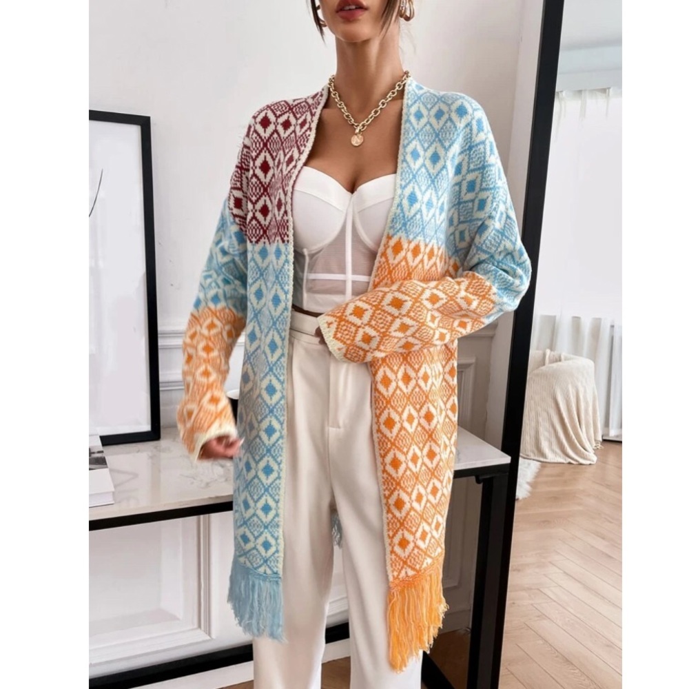 Boho Geometric Fringe Colorblock Long Cardigan